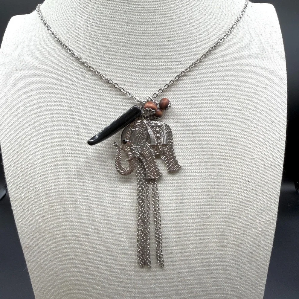 Elephant Statement Necklace Silver Tone Black Tusk Wood Beads Boho Tassel Gift